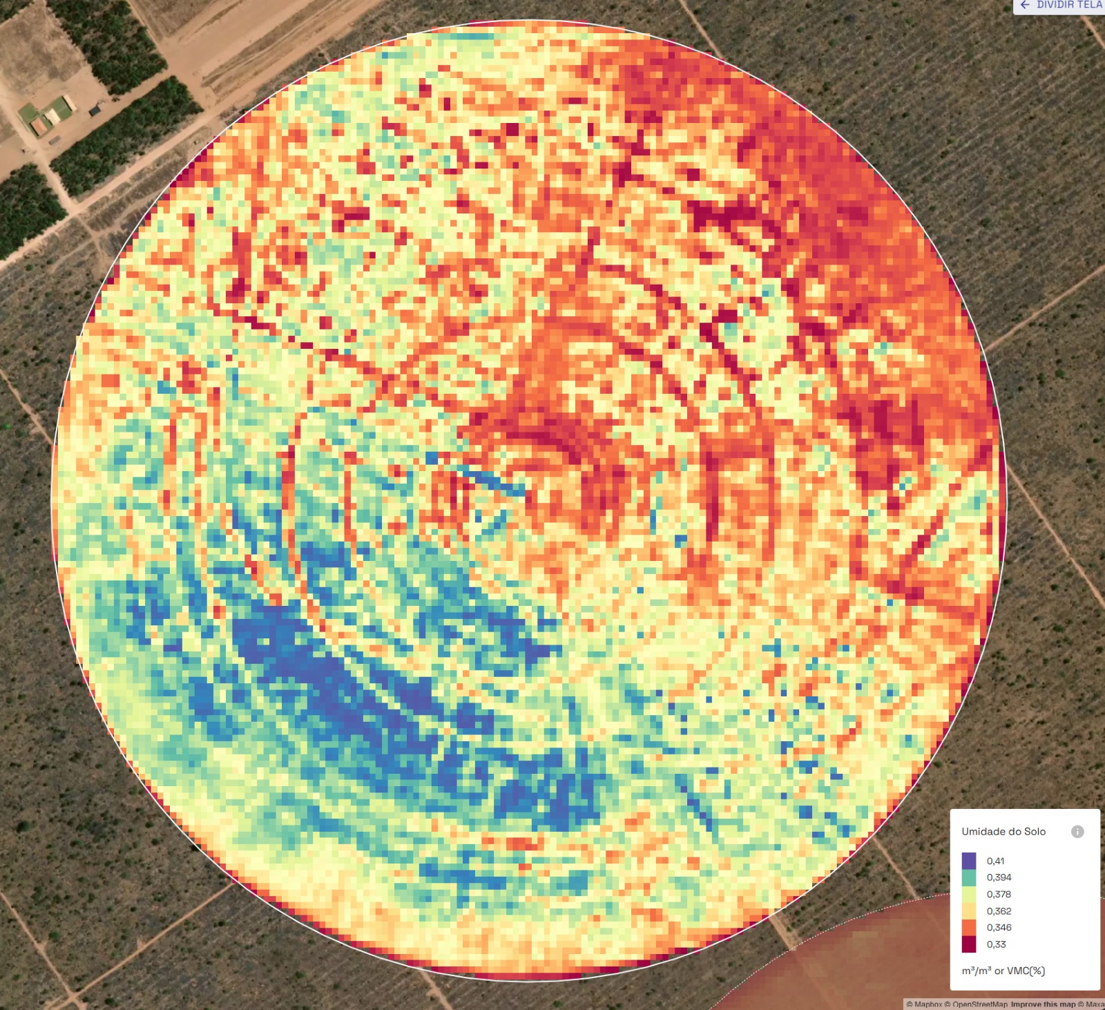 Mapa de umidade do solo de um pivô na plataforma IRRIX